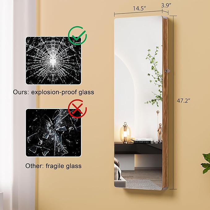 HNEBC LED Mirror Jewelry Cabinet,47.2" Wall Mounted Jewelry Organizer with Full-Length Mirror,Over The Door Hanging Jewelry Armoire Storage Cabinet,Folding Dresser,2 Drawers,Lockable, 3 Shelves(Wood)