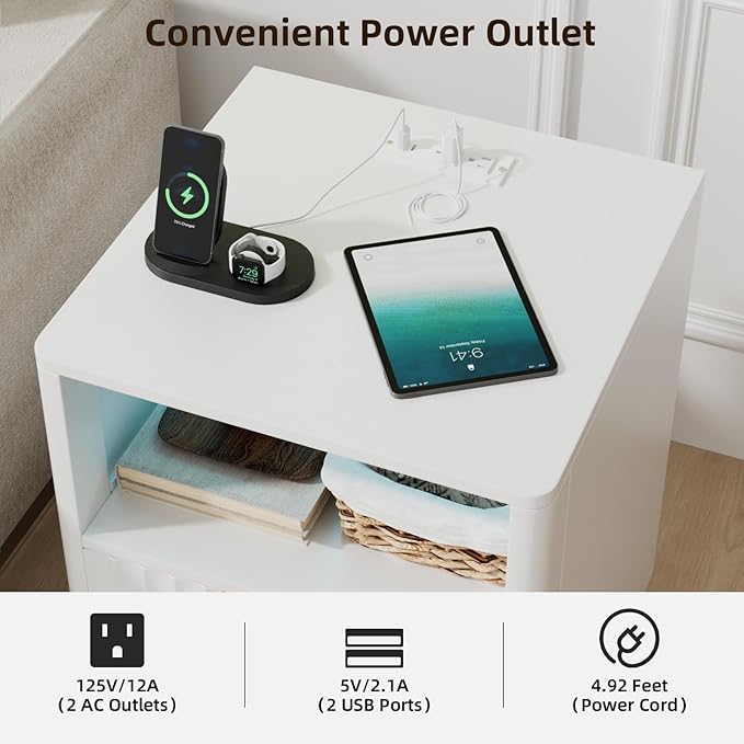 VOWNER Fluted Nightstand with Charging Station, 18” RGB Night Stand with 2 Drawers, End Table with Storage Shelf, Curved Profile Design Side Table, Bedside Table for Bedroom Living Room, White