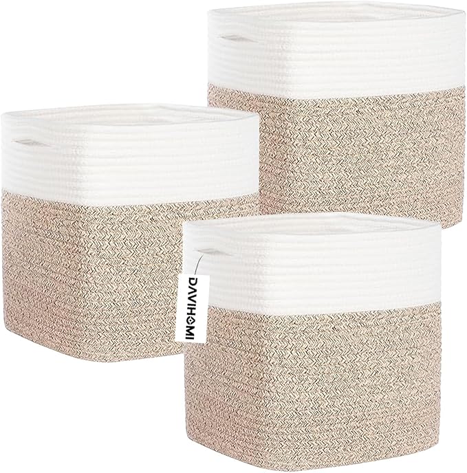 Storage Cubes 11 Inch Cotton Rope Woven Storage Basket for Organizing 3 Pack | Storage Bins for Organization and Storage | Toy Storage Organizer | Basket for Shelves | Toy Bins（Brown）