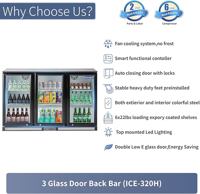ICECASA 52.6" W Beverage Refrigerators 3 Glass Door Back Bar Refrigerator Commericial Undercounter cooler Wine Merchandiser 11.7 Cu.ft for Soda Beer