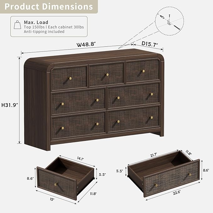 Oak&Sparrow 7 Drawer Dresser for Bedroom, 49'' Rattan Dresser with Ample Storage, Boho Chest of Drawers, Thickened Curved Profile Design, Dark Walnut Dressers for Bedroom, Living Room
