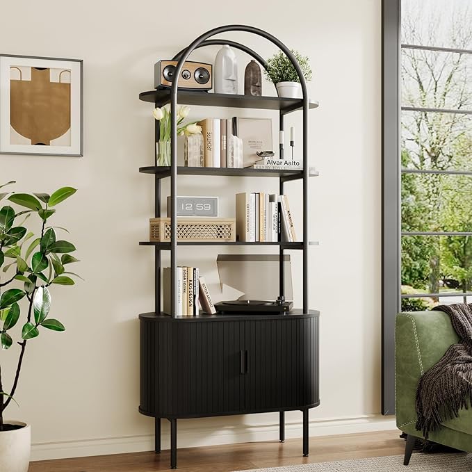 BREEZEHEAT 71" Tall Fluted Arched Bookshelf, Modern Bookshelf with Sliding Tambour Doors, 4-Tier Storage Shelf, and Metal Frame, Curved Cabinet for Living Room, Home Office, Bedroom, Black