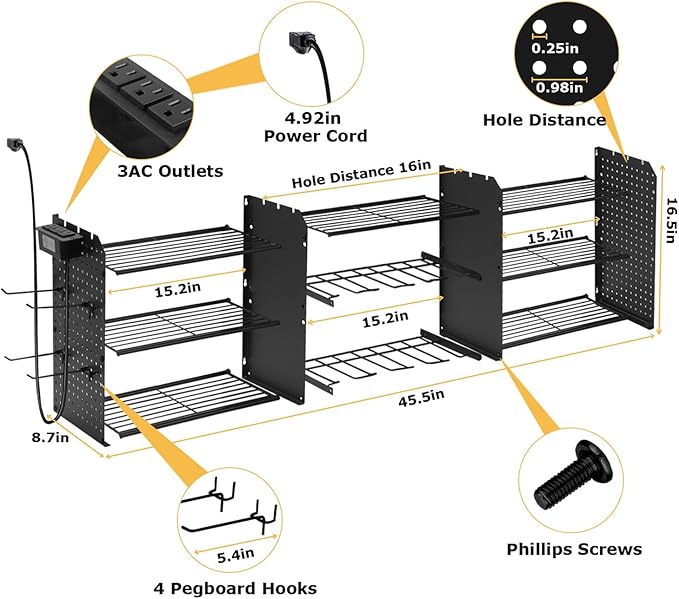 Power Tool Organizer Wall Mount, 3 Layer Tool Storage Rack, Drill Bit Heavy Duty Rack, Heavy Duty Metal Power Tools Storage Rack Tools Shelf with Charging Station for Garage Organization