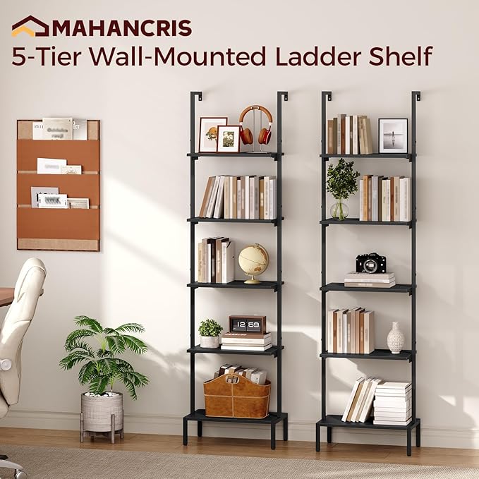 Ladder Shelf, 5-Tier Bookshelf, Ladder Bookcase with Wall Mount, Heavy Duty Industrial Style Storage Rack for Living Room, Office, Kitchen, Bedroom, Black LSBK5501