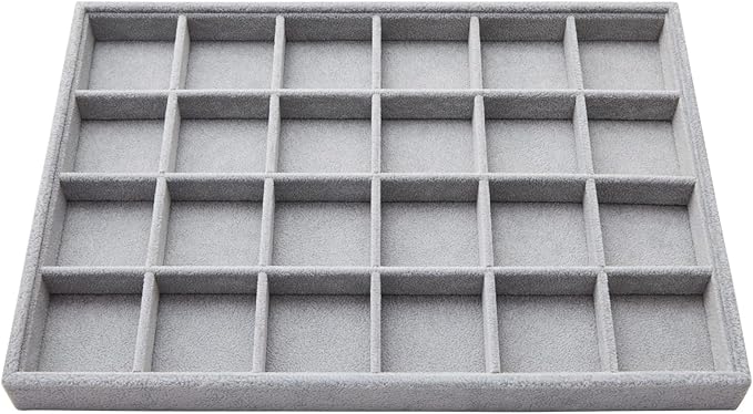 Juvale Velvet Jewelry Organizer Tray - Earring Tray Insert with 24 Compartments - Stackable Jewelry Drawer Organizer - Includes Bracelet Holder Slots - Gray, 14 x 10 in