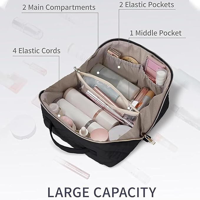 Travel Makeup Bag, Wide Open Expandable Lay-Flat Cosmetic Case, Padded Organizer for Toiletries & Brushes Large Capacity with Compartments
