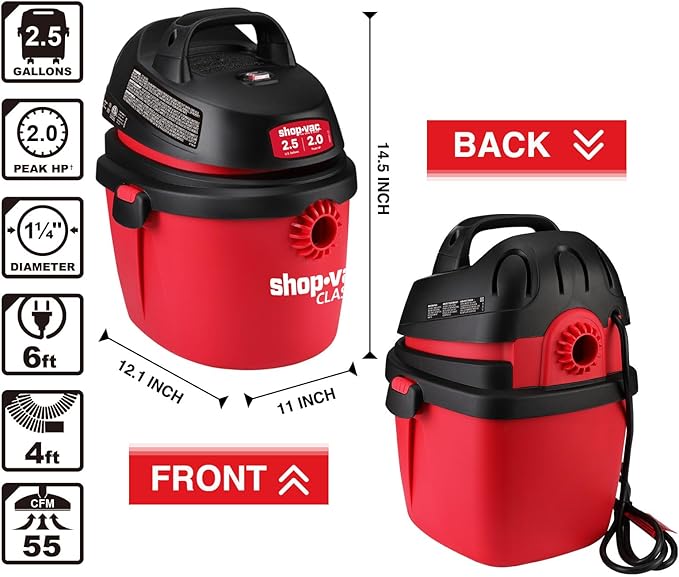 Shop-Vac 2.5 Gallon 2.0 Peak HP Wet/Dry Vacuum, Portable Compact Shop Vacuum with Top Handle, Wall Bracket & Attachments