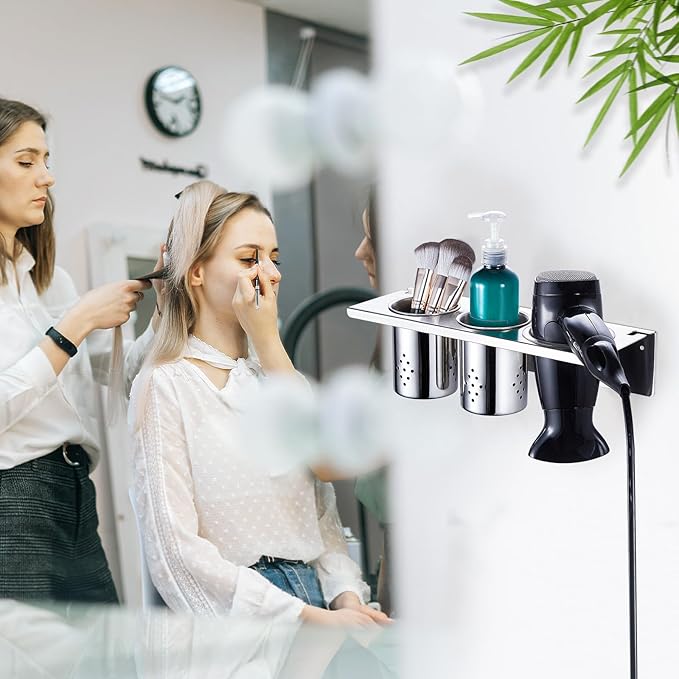 Hair Tool Organizer, Blow Dryer Holder Wall Mounted, Hot Tools Holder Storage for Brush, Hair Dryer, Straighteners, Curling Iron Holder Stainless Steel, Hair Styling Tools Organizer with 2 Cups