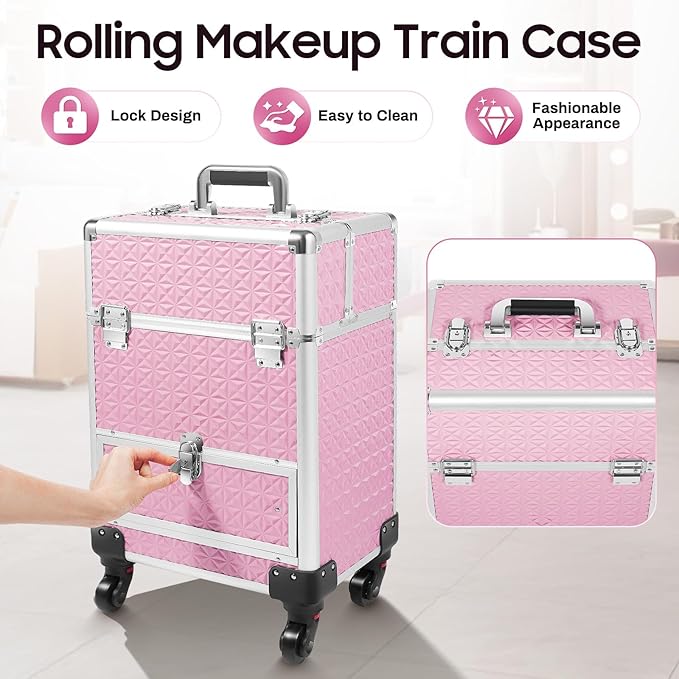 Rolling Makeup Train Case with Drawers, Portable Rolling Makeup Cart with Wheels, Pink Cosmetology Storage Cart with 6 Compartments for Makeup Artists, Hairdressers, Pet Groomers