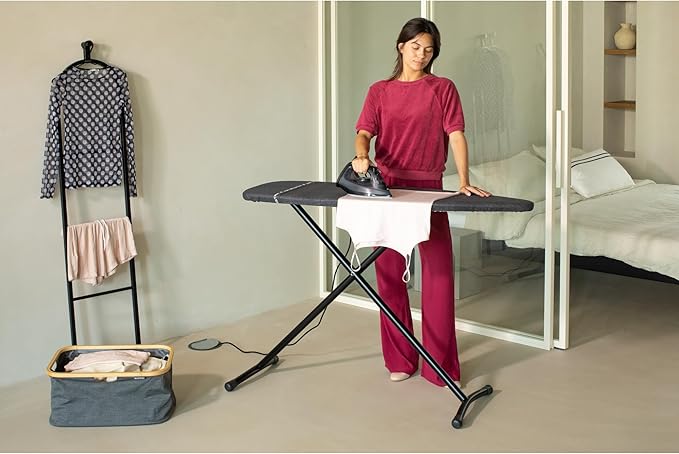 Brabantia Size D Ironing Board (53 x 18in) Heat Resistant Parking Zone, Black Frame, Non-Slip Feet, Suitable for Sit Down Ironing (Denim Black)