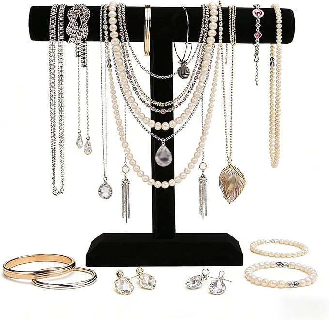 Barelove Jewelry Stand Display 1 Tier, Black Velvet T-Bar Bracelet Watch Bangle Necklace Holder for Organization Showcase or Store Display