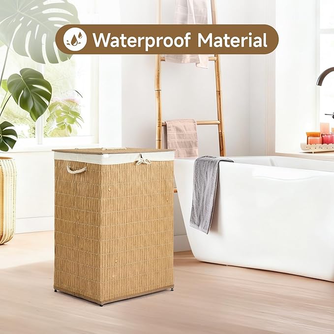 Laundry Hamper with Lid, 52.8 Gallon(200L) Large Laundry Basket 2 Removable Liner Bags, Synthetic Rattan Clothes Hamper with Side Pocket, laundry organization for bathroom, laundry room, Natural