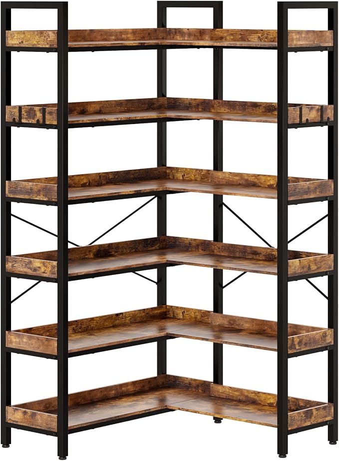KOUSEI 6-Tier L-Shaped Reversible Corner Bookshelf, 69" Rustic Brown Industrial Wood & Metal Bookcase, Wide Open Shelves + 4 Hooks for Living Room/Bedroom/Home Office