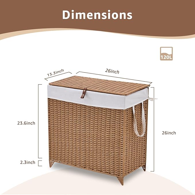 Laundry Hamper with Lid and Removable Liner Bag, Handwoven Rattan Clothes Hamper with Heightened Feet, Wicker Laundry Basket for Clothes and Towels，Large, 2-sections