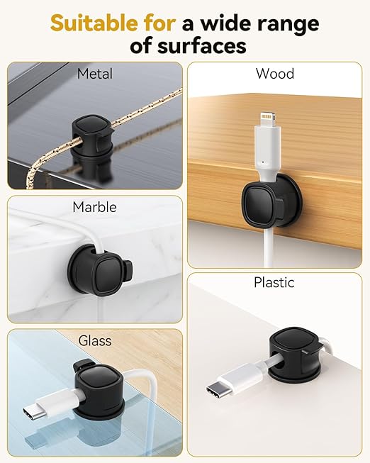 Rotatable Cord Organizer 6Pack, Spring Cable Clips With Clasp Lock, No-Residue Adhesive Cable Organizer, Cord Holder for Nightstand Car Home Office (Black)
