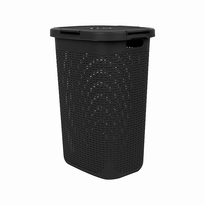 Mind Reader 60L Slim Laundry Hamper, Clothes Basket, Lid, Wicker Design, Plastic, 17.65"L x 13.75"W x 24.15"H, Black