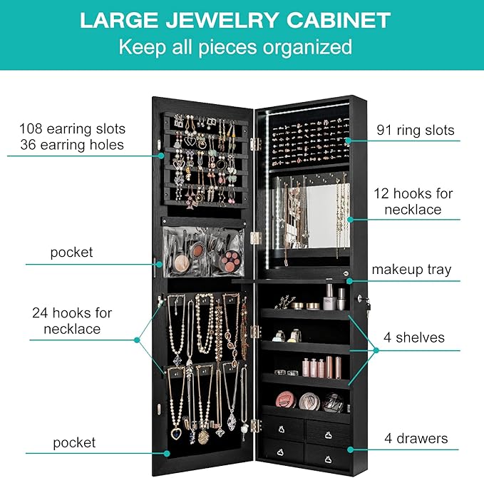 CHARMAID LED Strip Jewelry Armoire with 47.2" H Full Length Mirror, Wall/Door Mounted Jewelry Organizer with Built-in Mirror, Flip-over Cosmetic Tray, 4 Drawers, Large Storage Jewelry Cabinet (Black)