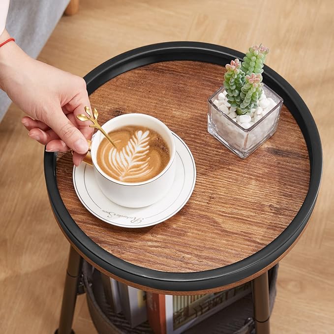 Round End Table, Round Side Table with Storage Basket,11.8*17.8”Round Sofa Table,Small Round Table,Small Coffee Table Living Room Bedroom