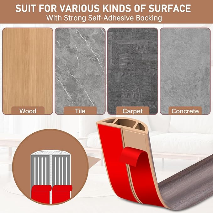Floor Cord Cover Self Adhesive Cord Hider Floor Extension Cord Covers for Floor Power Cord Protector Cable Management Prevent Cable Trips Cable Cavity 0.51" W x 0.31" H (Brown Walnut Wood, 10Ft)