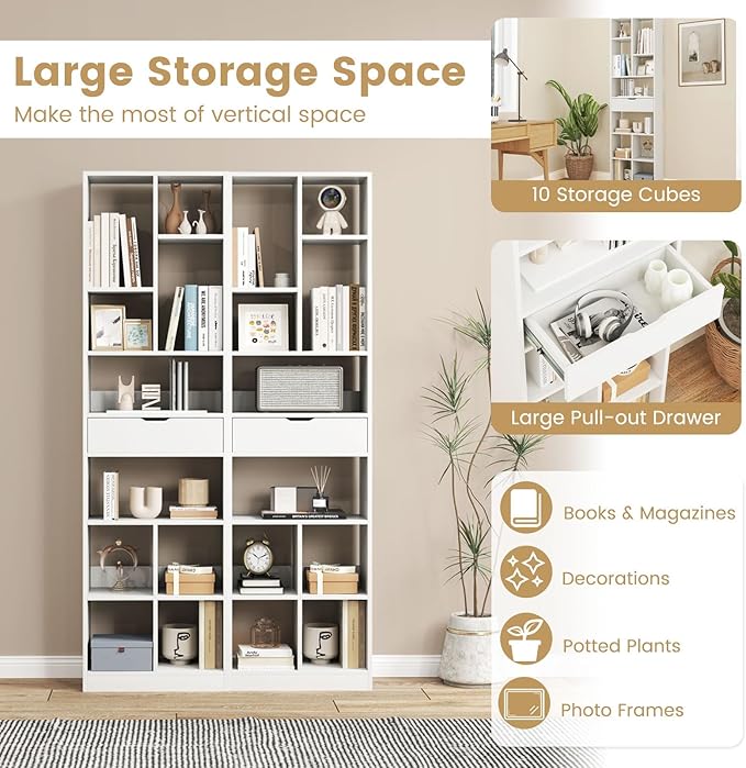 Giantex 71" Bookcase with Drawer, Tall Freestanding Bookshelf with 10 Open Cubes, Floor Display Shelving Unit, Modern Storage Organizer for Living Room, Bedroom, Study, White