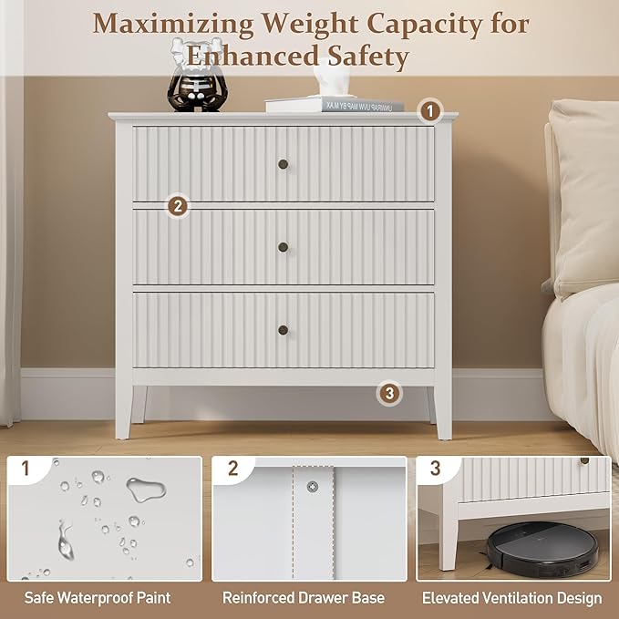 RoyalCraft Large 3 Drawer Dresser Set of 2, Fluted Wood Chest of Drawers with Storage, Modern Painted 30 inch Wide Nightstand for Bedroom Living Room Entryway, White