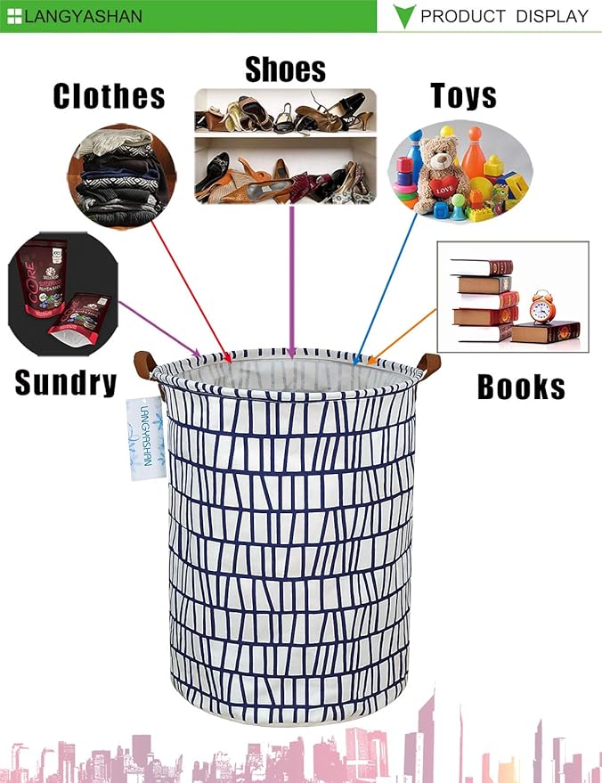 LANGYASHAN Laundry Basket Canvas Fabric Collapsible Organizer Basket for Storage Bin Toy Bins Gift Baskets Bedroom Clothes Children Nursery Hamper (Blue Stripes)