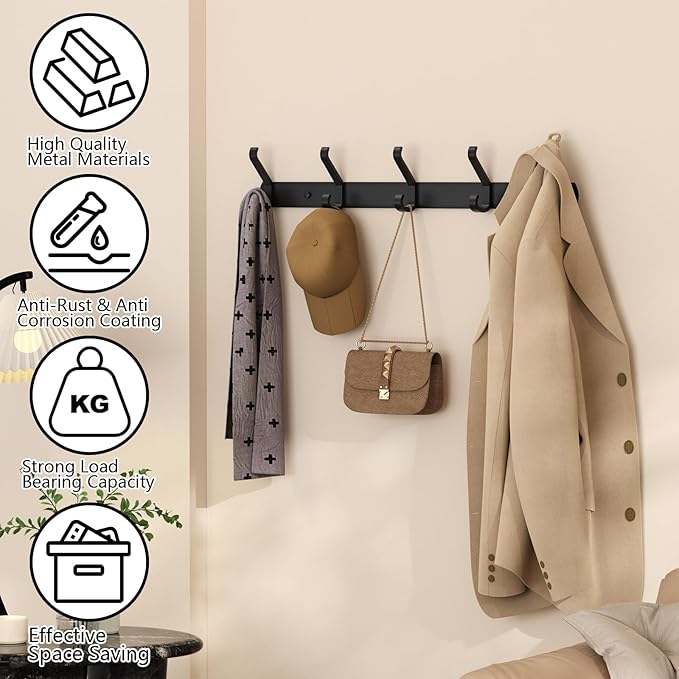 2 Pack Coat Rack Wall Mount,17.3 in Wall Hooks for Hanging, Coat Hanger Wall Mount Towel Rack Hat Rack for Wall with 10 Hooks for Entryway, Bedroom, Bathroom (Black)