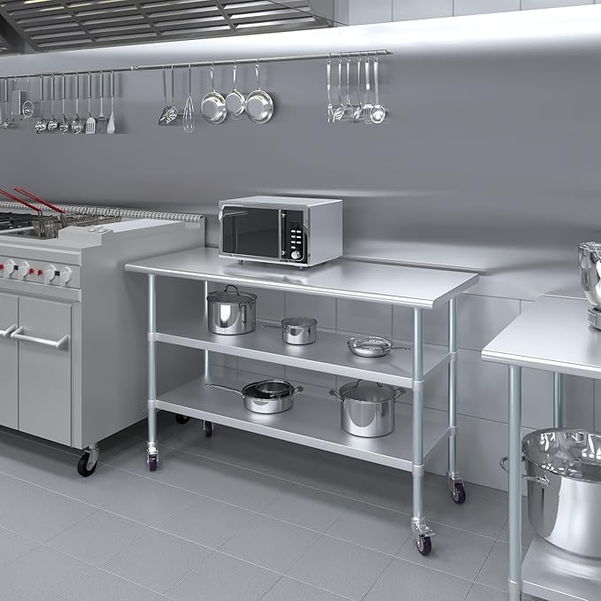 AmGood Stainless Steel Work Table with 2 Shelves and Casters | Metal Utility Table On Wheels (Stainless Steel Work Table with 2 Shelves + Casters, 60" Long x 24" Deep)