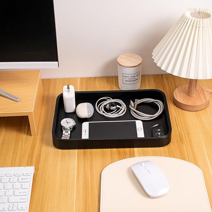 SANQIANWAN Faux Leather Valet Tray for Men Nightstand Bedside Entry Table Tray Catchall Tray for Keys,Wallet,Phone,Watch,Jelwery and Coin Gift for Dad Husband Boyfriend Uncle (Black)