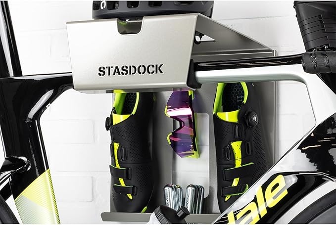 Stasdock Wall Bike Rack | Bike Storage Wall Mount System | For Race Bicycles (Silver Metallic) and Mountain Bikes | Bike Shelf | Indoor bike wall bracket | Stores helmet and shoes | Home and Garage