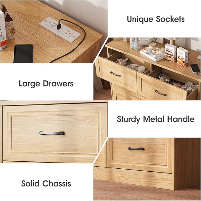 Fameill Dresser for Bedroom, 6 Drawer Wide Dresser Organizer with Charging Station for Hallway with Metal Handles, Oak