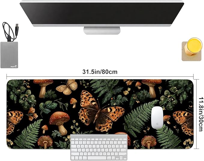 Vintage Butterfly Mushroom Mouse Pad – Large Extended Desk Mat 31.5 x 11.8 in– Dark Forest Aesthetic with Ferns & Fungi, Waterproof Surface, Non-Slip Rubber Base, Keyboard & Mouse Pad