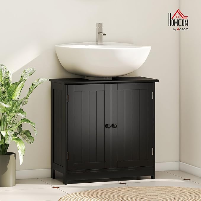 HOMCOM Under Sink Bathroom Cabinet with 2 Doors and Shelf, Pedestal Sink Bathroom Vanity Cabinet, Black