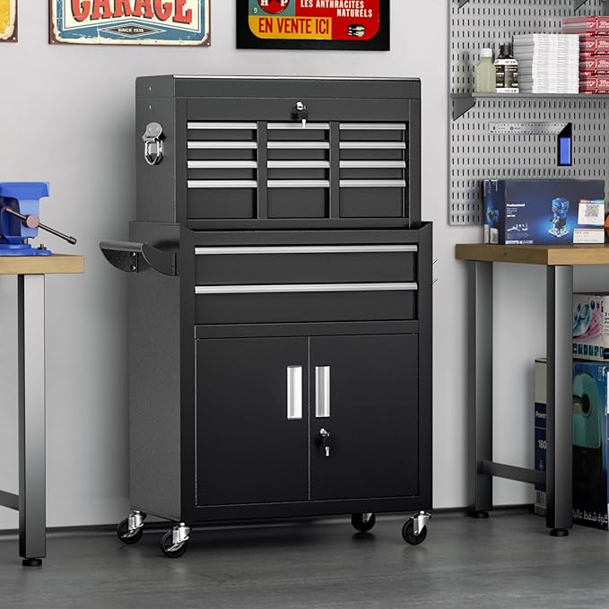 8-Drawer Rolling Tool Chest with Lock, Detachable Tool Cabinet Cart with Wheels, High-Capacity Mechanic Tool Organizer for Garage Workshop Warehouse Storage