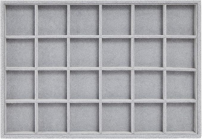 Juvale Velvet Jewelry Organizer Tray - Earring Tray Insert with 24 Compartments - Stackable Jewelry Drawer Organizer - Includes Bracelet Holder Slots - Gray, 14 x 10 in