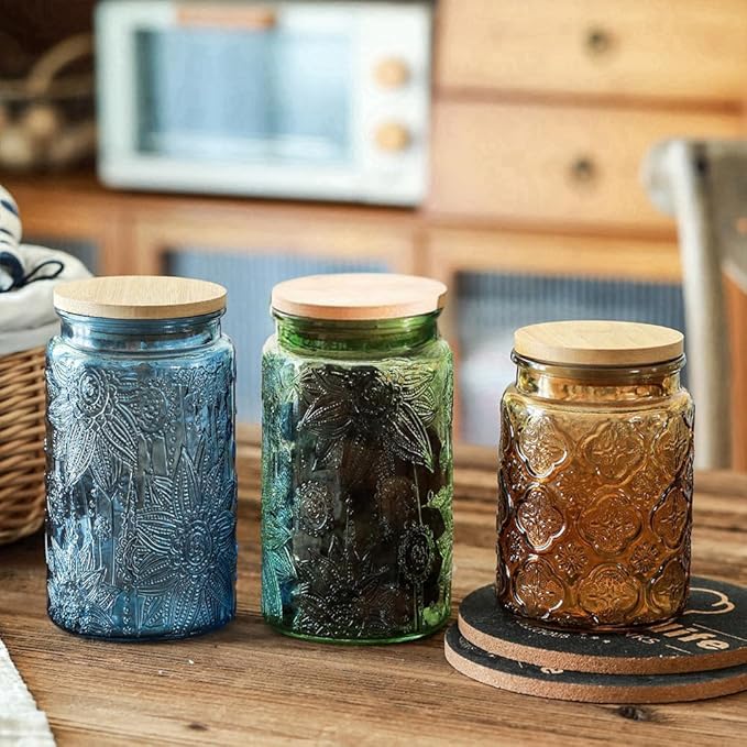 ANSQU Set of 2 Vintage Glass Jars, 34oz Candy Jars with Lids, Vintage Colored Mason Jar for Kitchen Decorative Jars for Coffee Tea Candy Cookies, Cute Jar (Blue & Green)