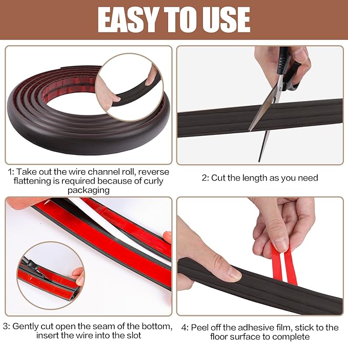 Floor Cord Cover Self Adhesive Cord Hider,10FT Cable Management, Extension Strip Protector for Wires, Prevent Cable Trips for Offices, Gyms, Exhibitions Cavity:0.51"(W) x 0.3"(H) Black Wood