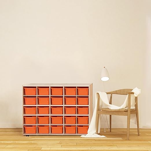 Contender 25 Cubby Storage Cabinet with Orange Trays, Kids Toys, Art and Craft Shelving Unit, Hardwood Shelf for Kindergarten, Homeschool [ Fully Assembled ]