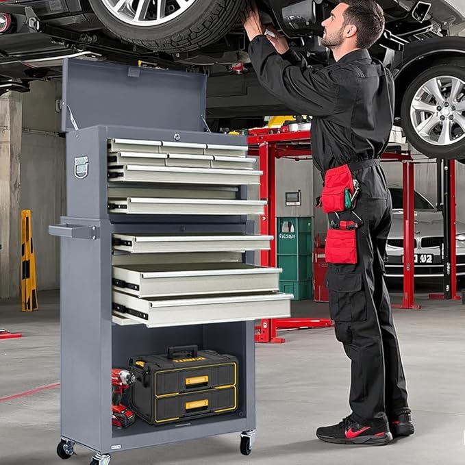 13-Drawer Rolling Tool Chest with Wheels, 2-1 Detachable Tool Chest with Drawers, Metal Tool Box with Lock, Large Tool Cabinet for Garage Workshop (Gray)