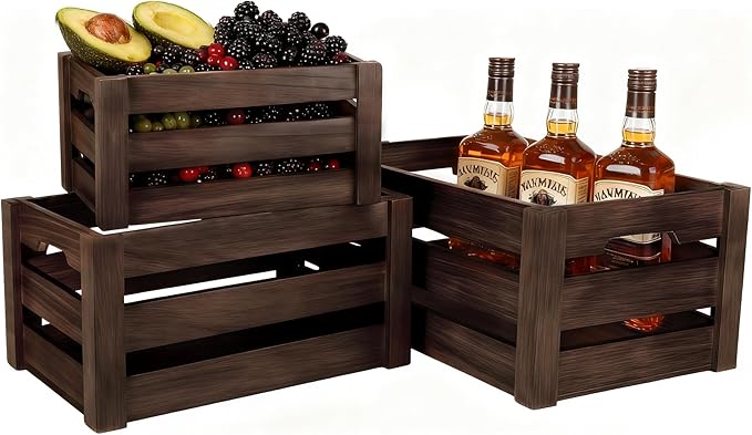 Rustic Wooden Storage Crates Set of 3 with Handles – Farmhouse Decorative Nesting Boxes for Organizing, Shelves & Tabletop Display (L/M/S)
