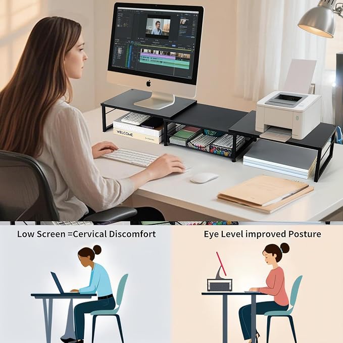 OPNICE Dual Monitor Stand Riser, Desk Organizer with Drawer, Office Desk Organizers and Accessories, Office Workspace Organization, Computer Monitor Stand for Laptop, Printer (Black)