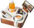 Couch Cup Holder Tray, Acacia Wood Couch Caddy With Cup Holder, Non-Slip Couch Organizer for Drinks, Snacks Remotes, Rounded Corners And Mug Slot White