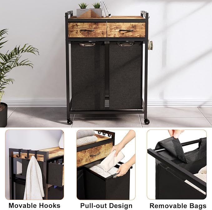 Laundry Hamper, Laundry Sorter 2 Section, Rolling Laundry Basket with Wheels, 2 Drawers, 2 × 14.5 Gal (55 L), Pull-Out and Removable Oxford Fabric Bags, Black and Rustic Brown
