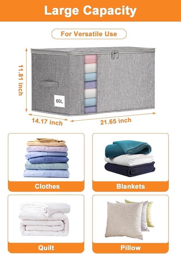 Punemi Large Clothes Storage Bags, 2 Pack Comforter Storage Bag with Sturdy Structure/Zipper for King/Queen Comforters Quilt Duvet Pillows Blankets, Closet Organizers, 21.7x14.2x11.8in