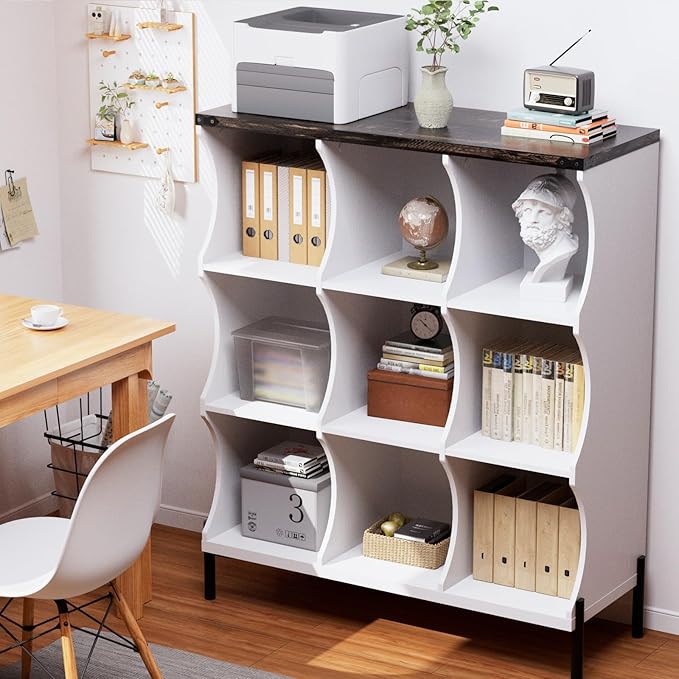 9 Cube Storage Shelf Organizer, Low Book Shelf Bookcase Entryway Table, Wood Closet Storage Display Cabinet TV Stand for Living Room, Office,Bedroom, Dorm, White with Dark Brown Top