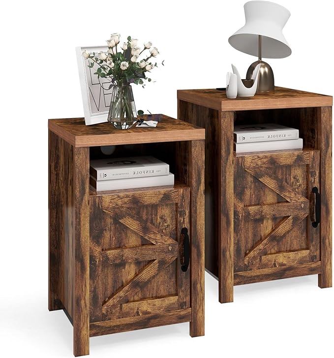 Farmhouse Nightstand with Charging Station, Couch Side Table Set of 2, Bedside Table with Storage Space, End Tables with Barn Door, Bed Side Tables for Living Room and Bedroom, Rustic Brown
