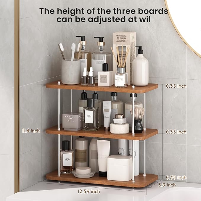 Bathroom Counter Organizer,Spices Organizer,Kitchen Countertop Organizers,Restroom Organizers,Shelf for Bathroom Counter,Cologne Stand,Adjustable Partition Height(Brown 3 Tier)