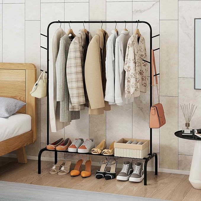 Giantex Clothes Rack for Hanging, 50" Wide Freestanding Garment Rack with Hanging Rod, 8 Hooks & Storage Shelf, Heavy-duty Metal Clothing Racks Wardrobe Organizer for Bedroom, Entryway, Laundry