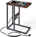 VECELO C Shaped End Side Table with Charging Station & Power Outlets for Couch Sofa/Bed, Snack TV Tray with Metal Frame for Living Room Bedroom 1 PCS, Brown