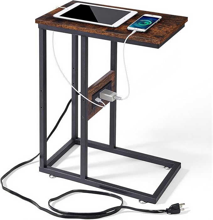 VECELO C Shaped End Side Table with Charging Station & Power Outlets for Couch Sofa/Bed, Snack TV Tray with Metal Frame for Living Room Bedroom 1 PCS, Brown